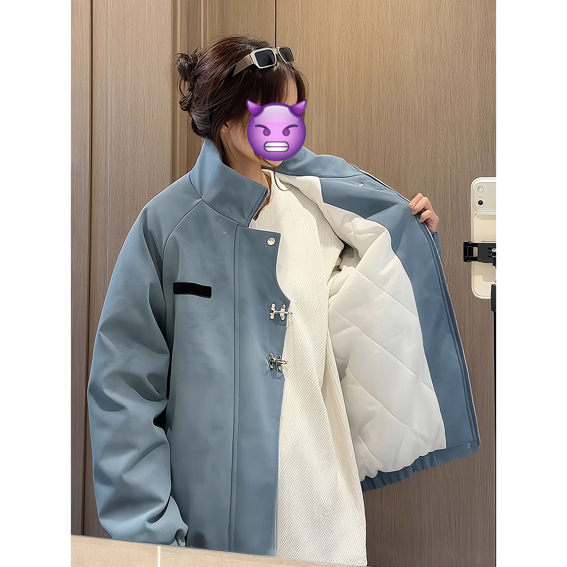 哑光蓝扎染皮衣棉服男女款秋冬季美式飞行夹克外套立领夹棉棒球服