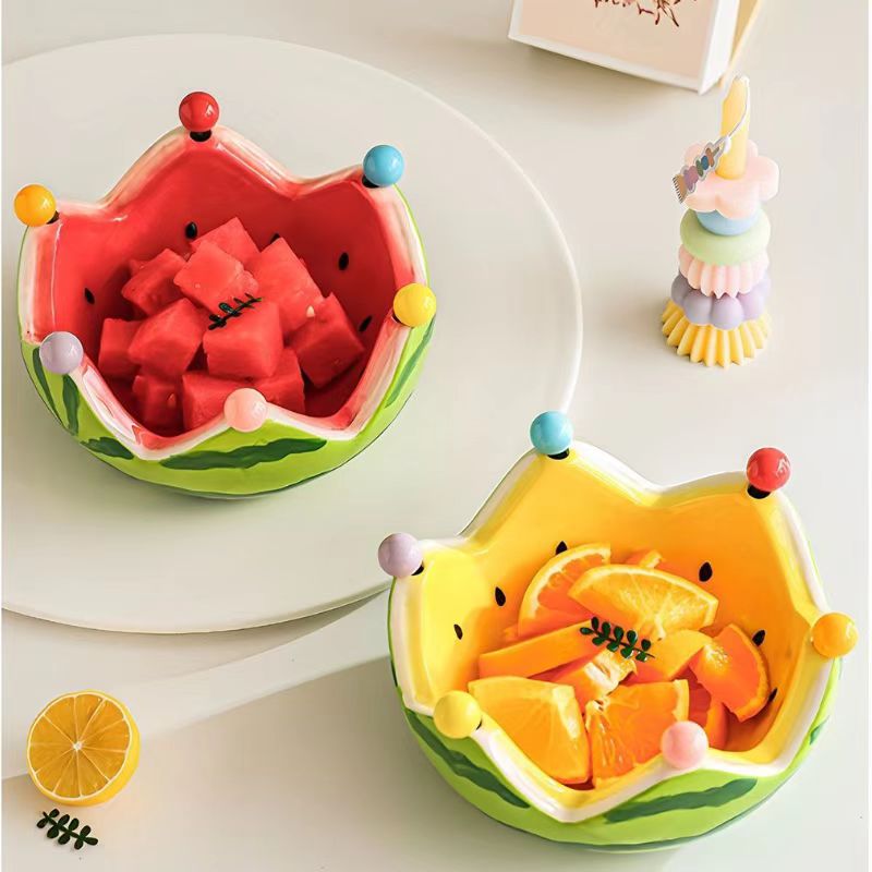 高颜值西瓜水果碗带叉子家用客厅茶几水果盘碗可爱不锈钢叉子套装