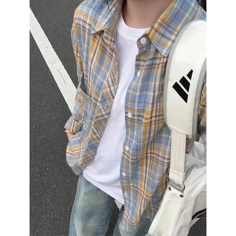 黄蓝格子长袖衬衫男女款春秋美式复古翻领衬衣慵懒风情侣上衣外套
