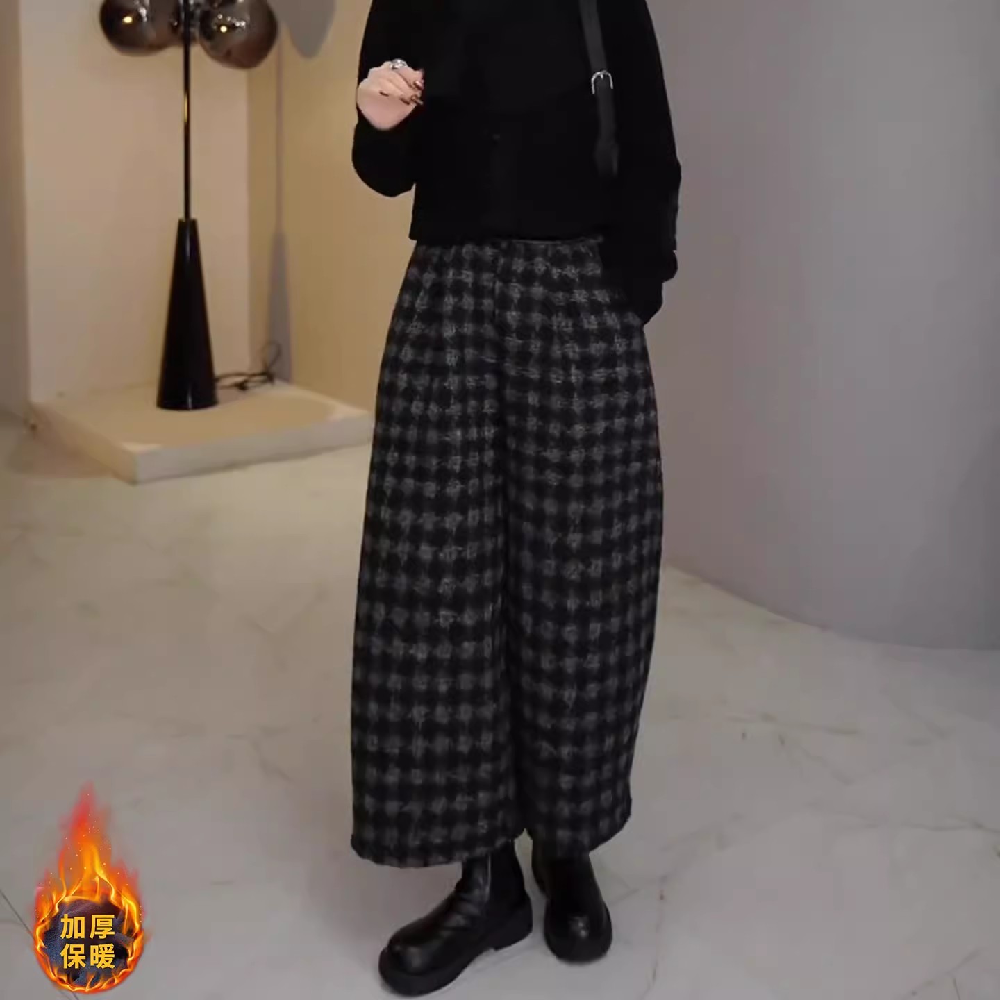 加绒加厚保暖格纹休闲裤女2025新款秋冬季复古宽松显瘦百搭阔腿裤