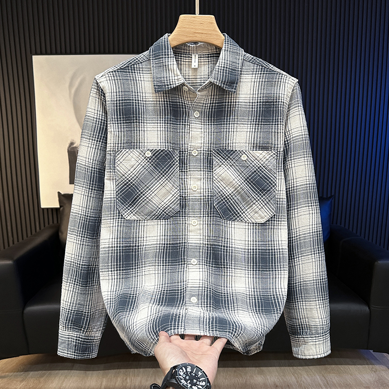 春秋季格子长袖衬衫男宽松休闲潮流帅气文艺纯棉翻领男装衬衣外套