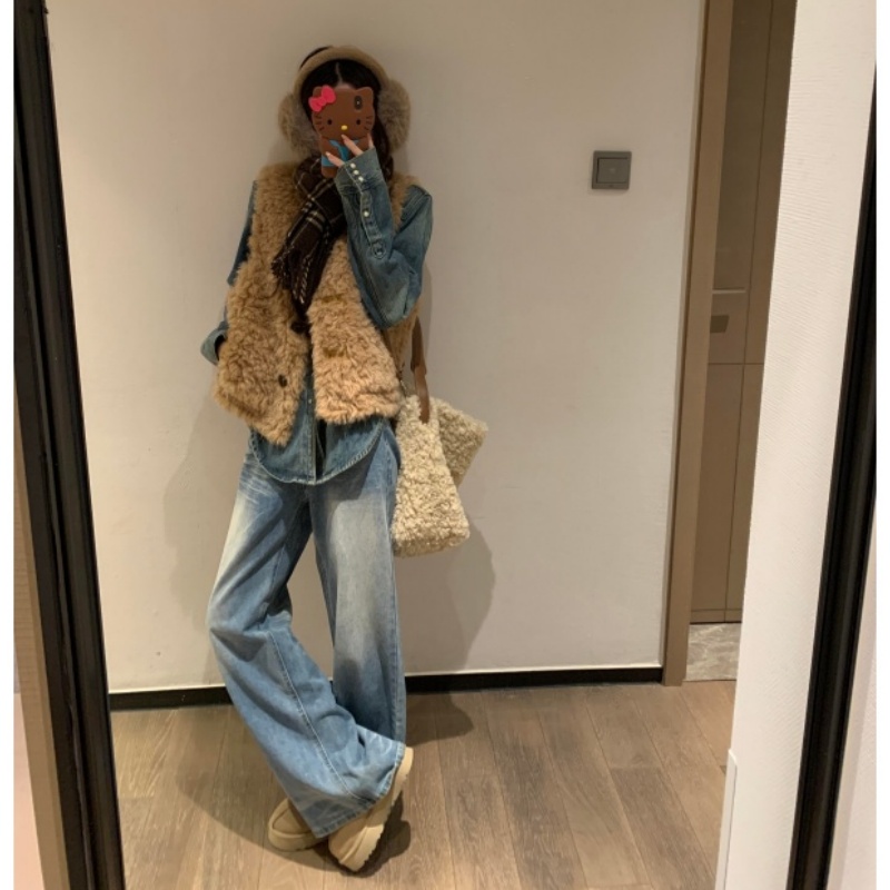 MARIE.COCO秋冬新款韩系毛绒马甲背心内搭上衣女阔腿牛仔裤三件套