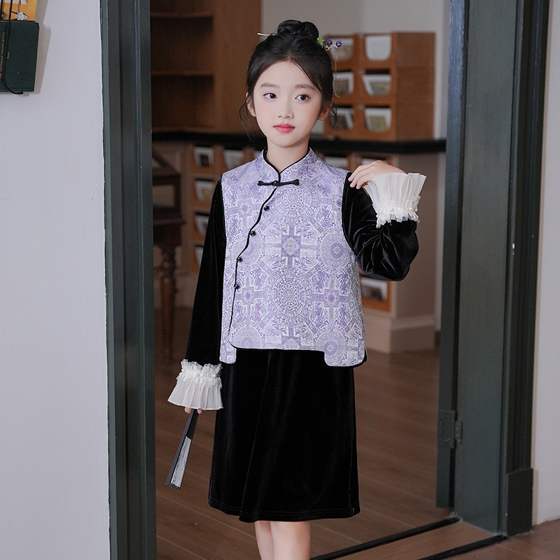 80766女童中国风汉服马甲连衣裙新中式秋装2025新款古风儿童唐装