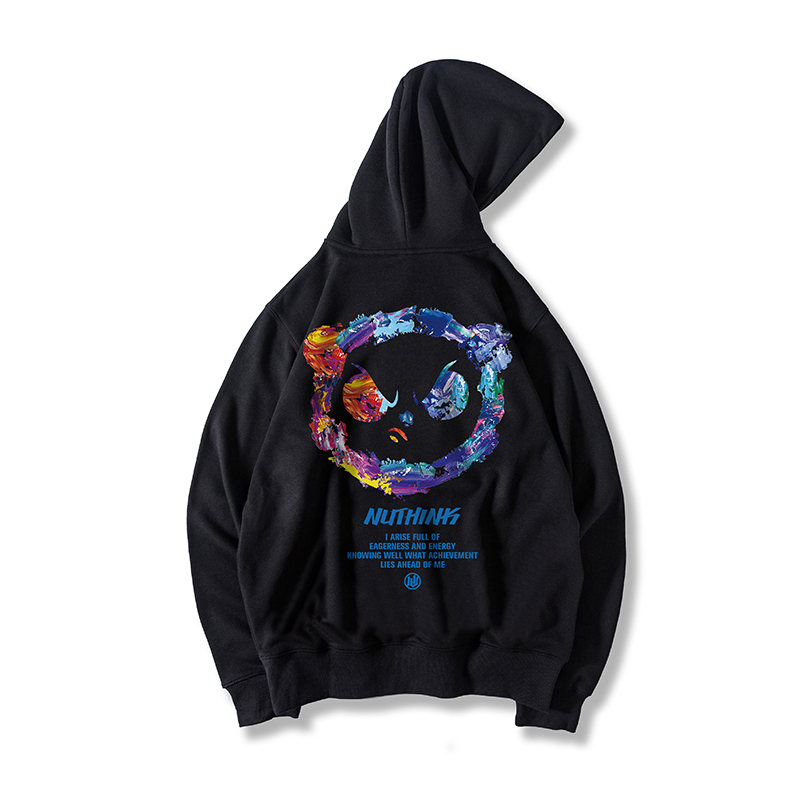 特大码300斤国潮熊猫黑白印花连帽卫衣男宽松潮牌潮流ins秋冬加绒