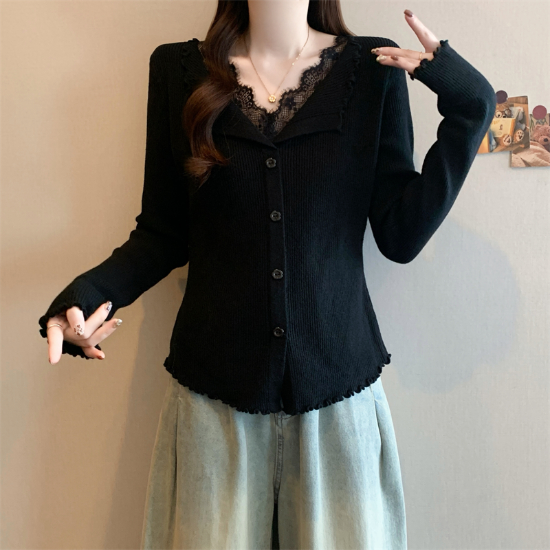 大码V领蕾丝边针织开衫女秋季胖mm遮肚显瘦木耳边设计感百搭上衣