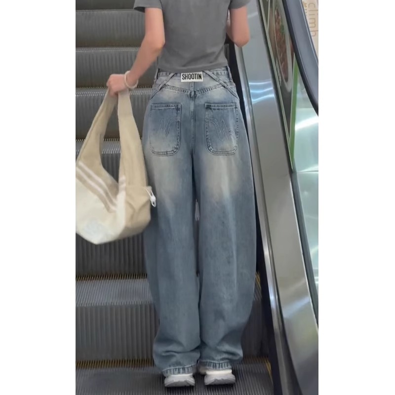 美式高街牛仔裤女夏今年流行爆款高腰宽松显瘦直筒百搭弯刀阔腿裤