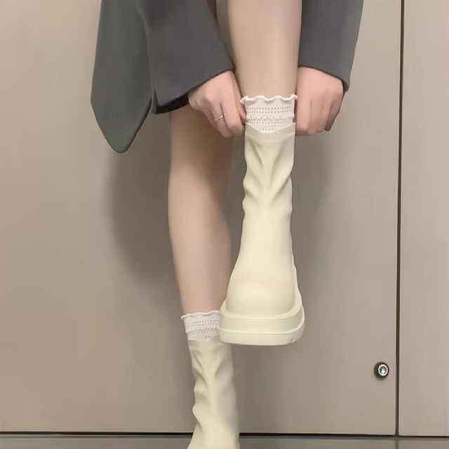 法式白色厚底增高短靴女秋冬新款圆头粗跟马丁靴时尚瘦瘦靴西部靴