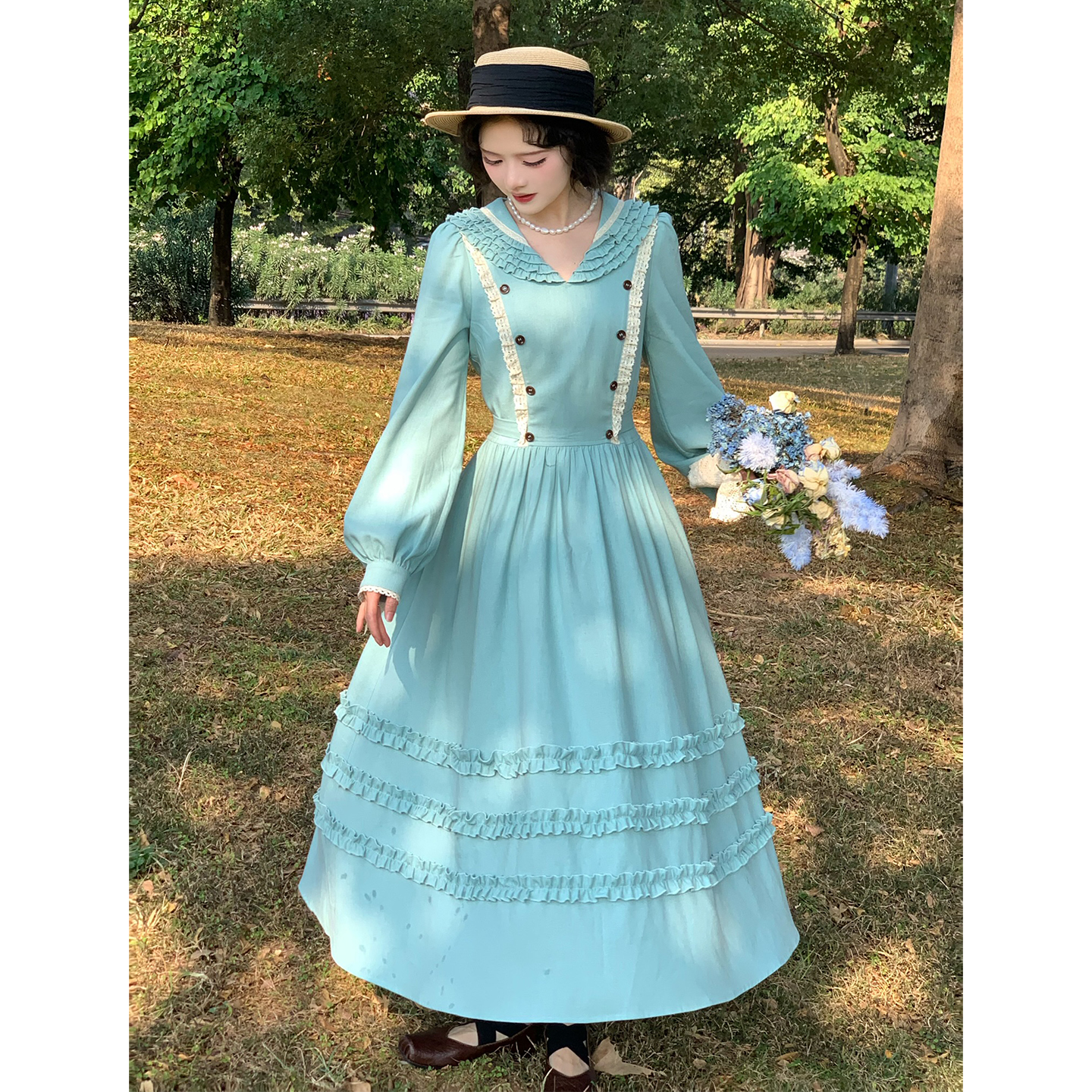 法式复古V领双排扣花边裙摆连衣裙女收腰气质长裙子07433