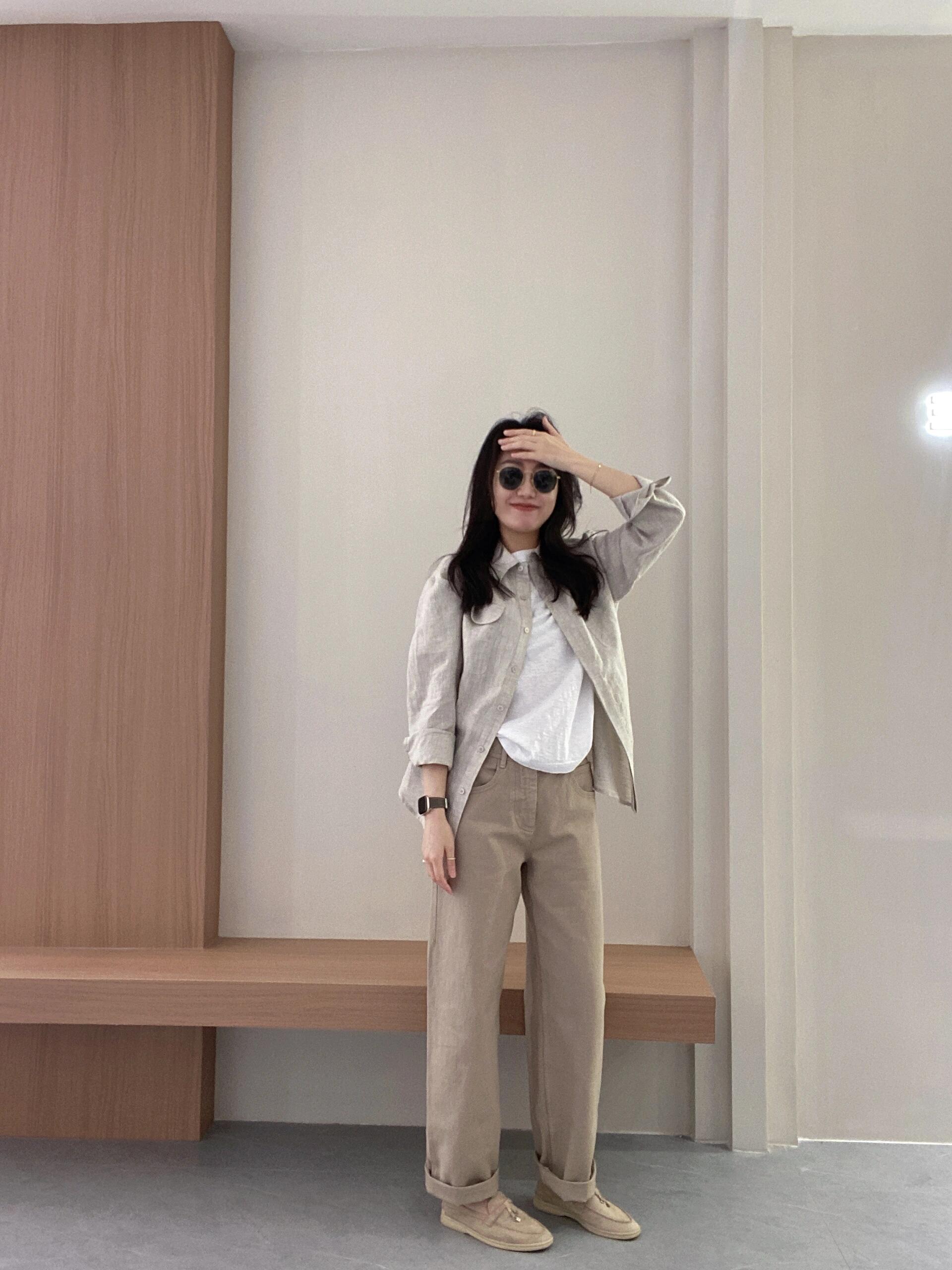 2025春夏新款韩系简约翻领口袋衬衣宽松长袖衬衫白t恤高腰休闲裤