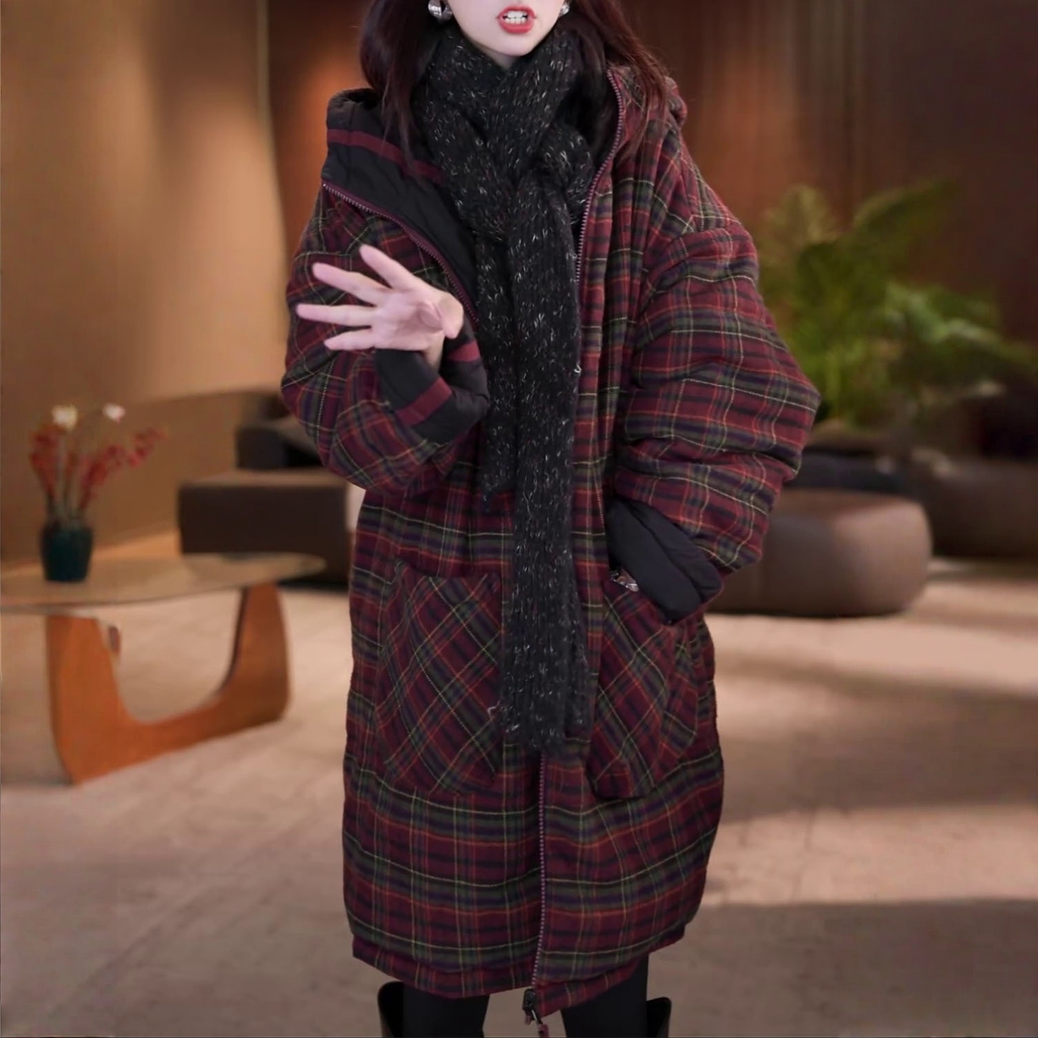 时尚洋气百搭双面穿棉衣外套2025秋冬新款宽松显瘦中长款连帽棉服