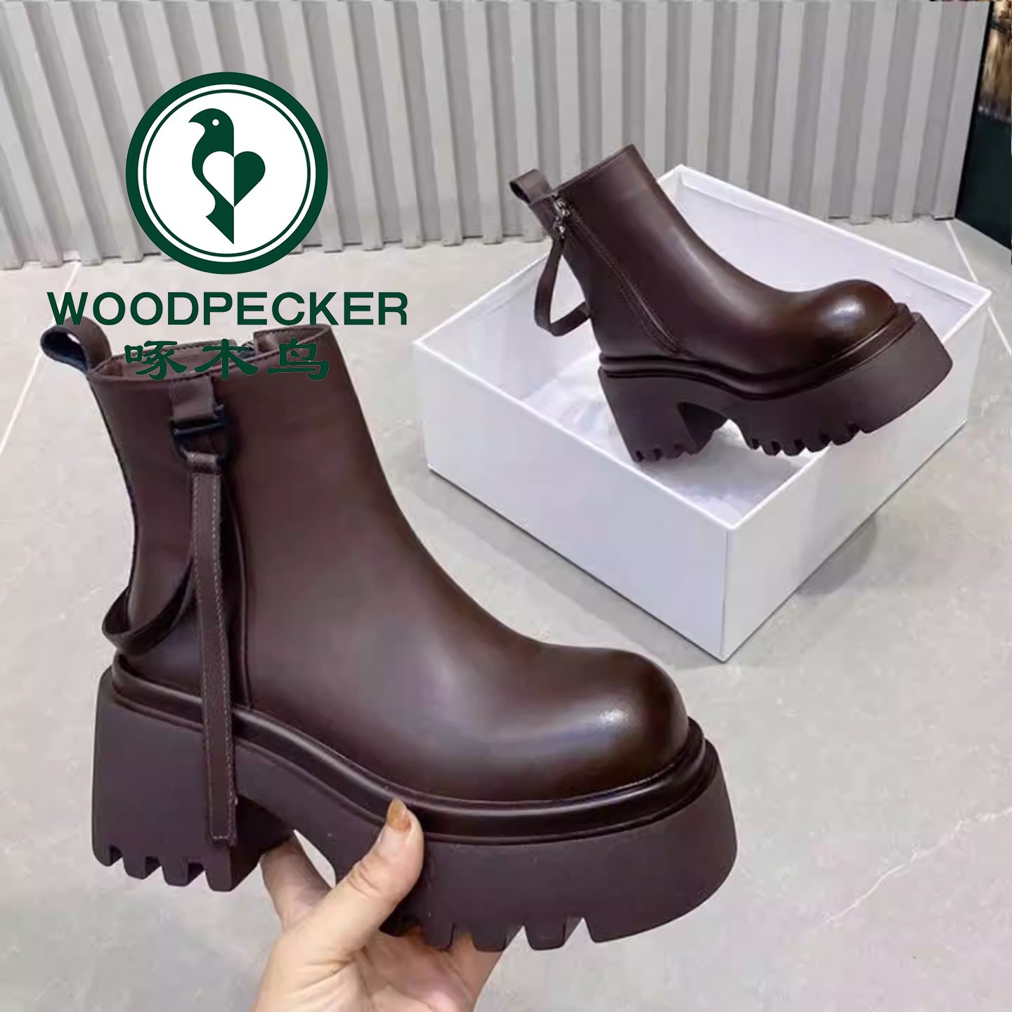 啄木鸟马丁靴女2025新款厚底松糕大头系带短靴7cm小个子增高靴