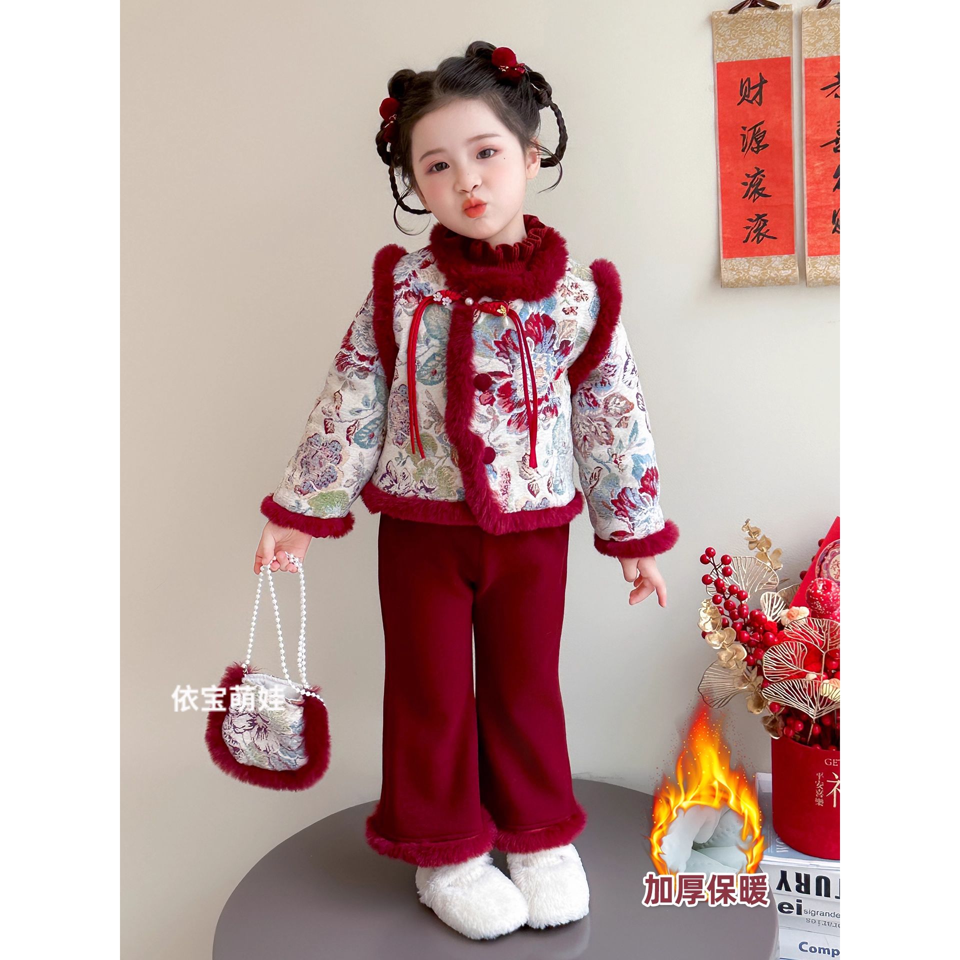 拜年服女童国风加绒套装冬季2025新款儿童新年衣服冬装宝宝过年服
