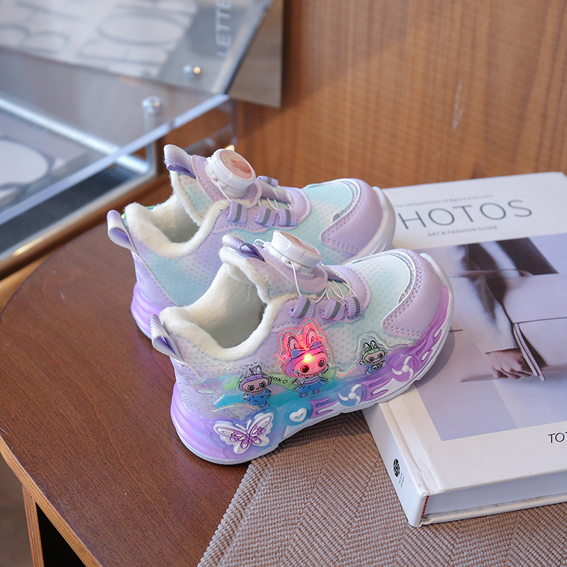 冬季加绒皮面防水棉鞋拉布布带灯女童鞋子2025网红小女童鞋子公主