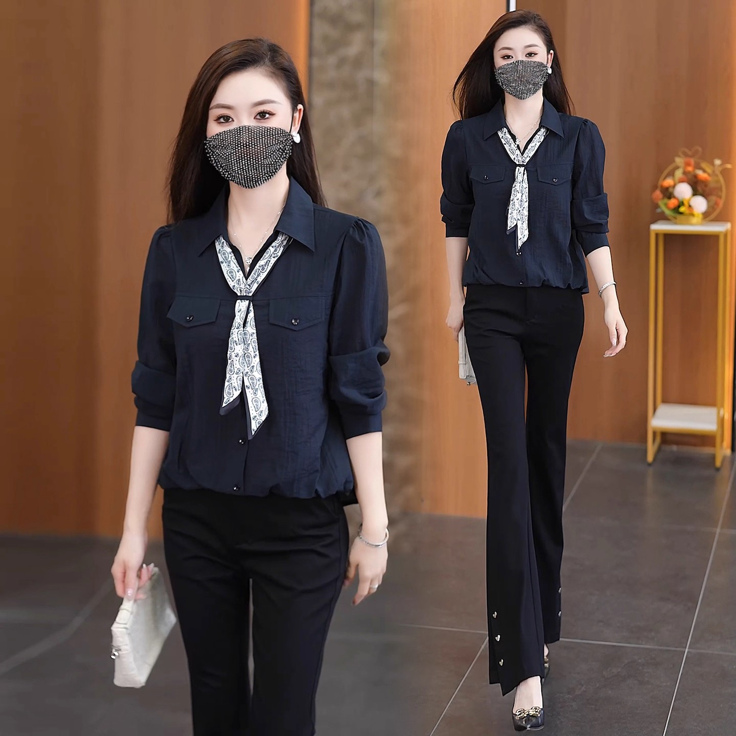 时尚洋气设计感带丝巾衬衫女早秋新款宽松显瘦长袖衬衣百搭上衣潮