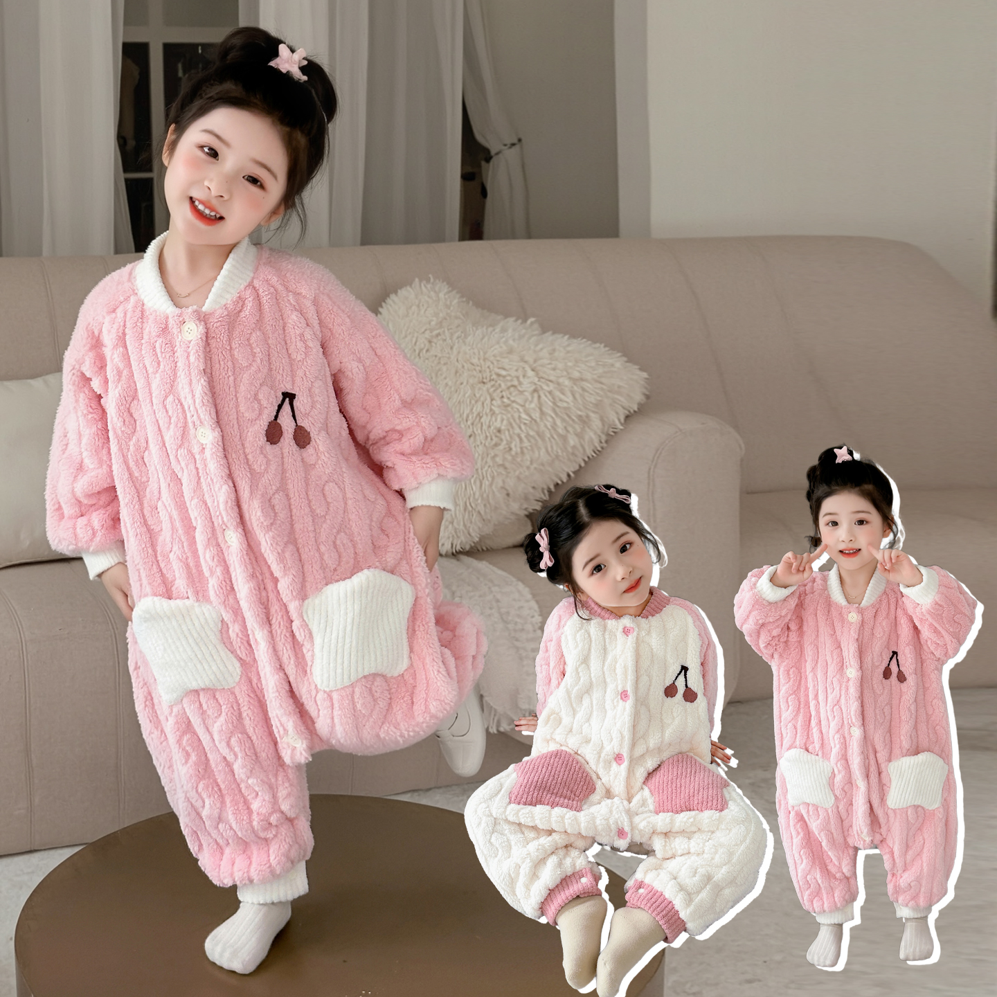 儿童连体睡衣女童珊瑚绒冬季加绒加厚款爬服婴儿女孩宝宝冬款睡袋