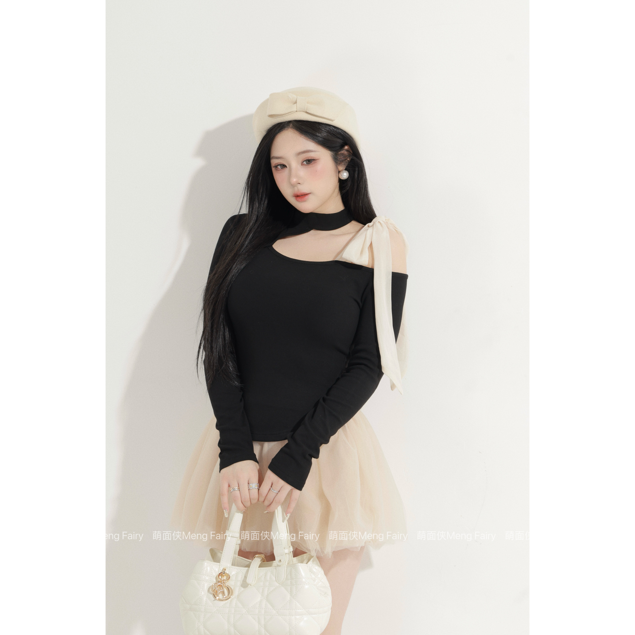 现货萌面侠【乖甜黑糖】甜美斜肩抓毛针织上衣百搭网纱半裙70286615