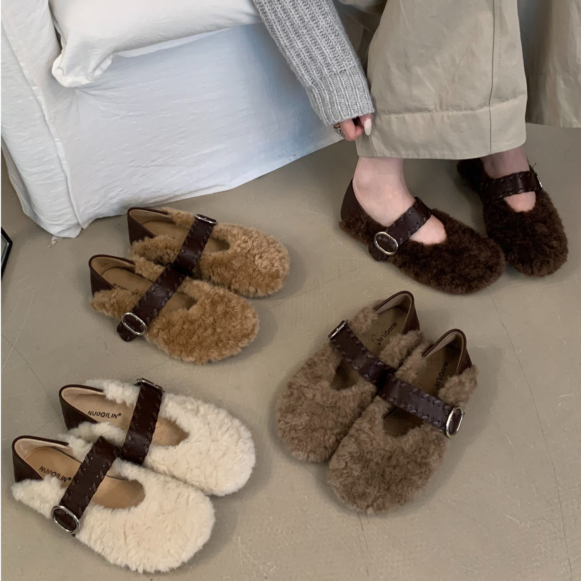 NQL-663-1一脚蹬豆豆鞋女冬2025百搭羊羔毛毛鞋外穿一字扣棉鞋