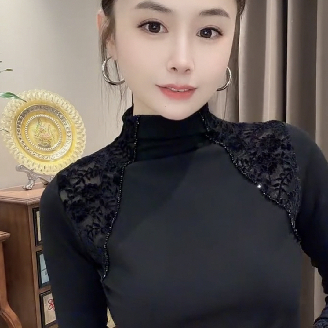 2025秋冬款时尚气质钉珠拼接蕾丝长袖T恤气质修身显瘦长袖打底衫