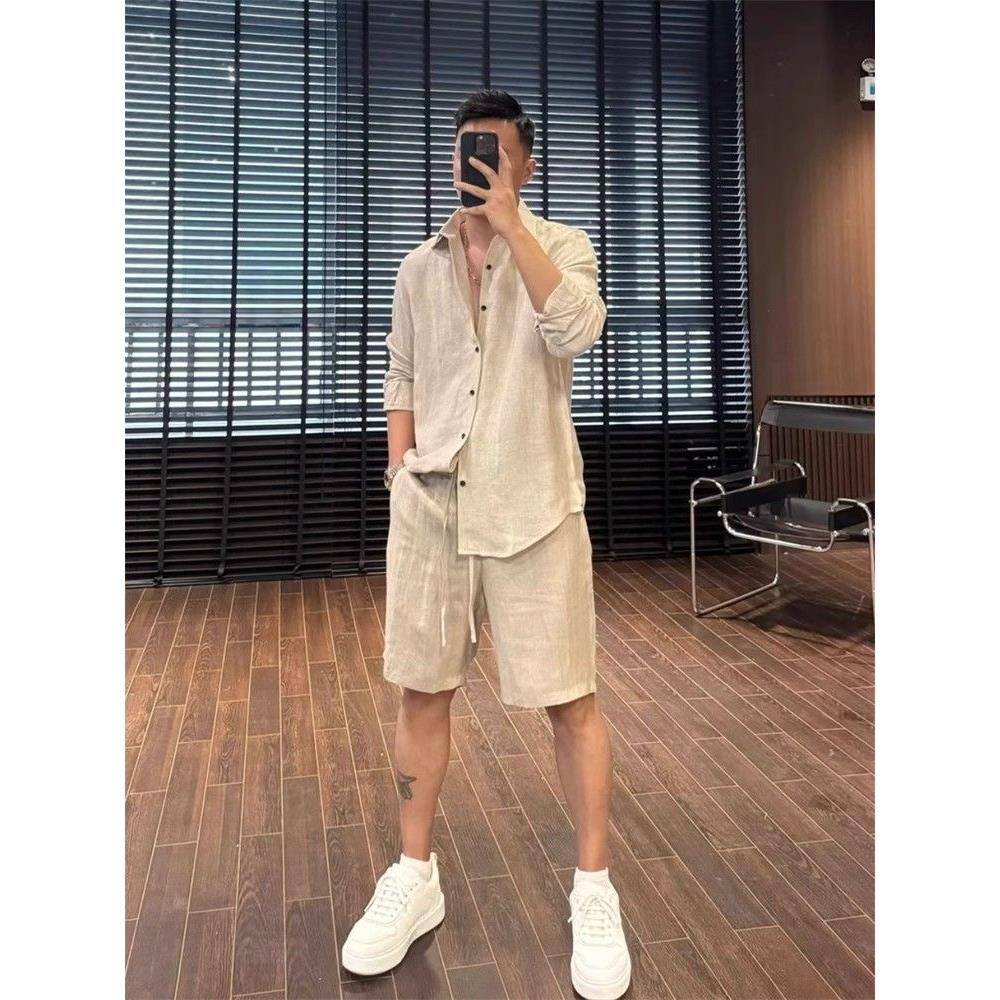 300斤大码早秋薄款亚麻休闲套装男士休闲简约长袖衬衫短裤两件套