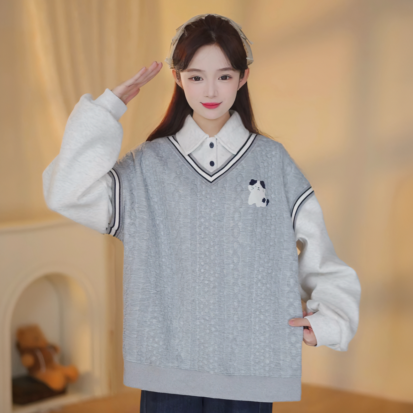 高中生卫衣女加绒假两件学院风冬季初中学生大童加厚内搭上衣宽松