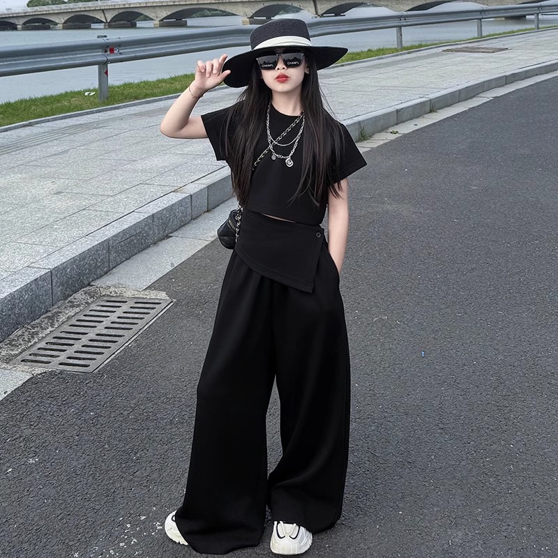 女童夏季套装2025新款洋气夏装休闲宽松短袖t恤阔腿裤两件套潮