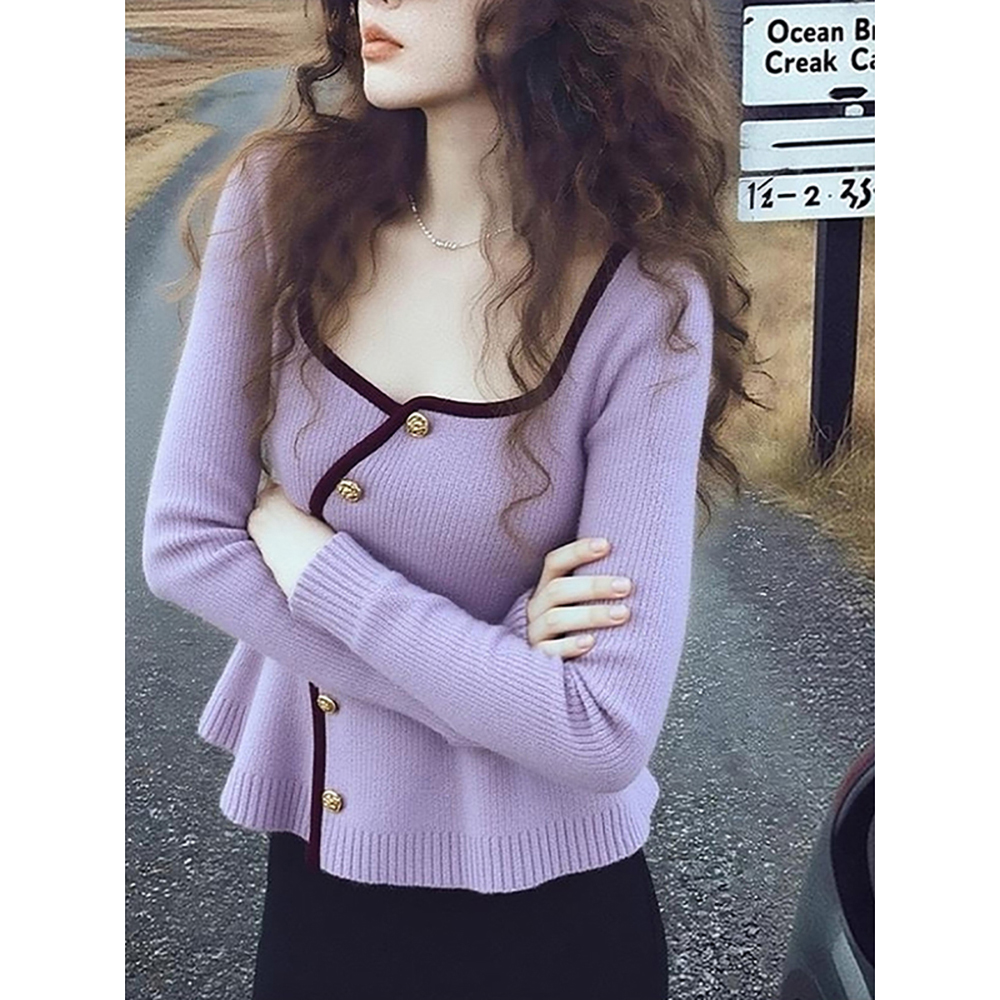 紫色针织开衫女士秋冬时尚高级感洋气减龄修身显瘦内搭打底衫上衣
