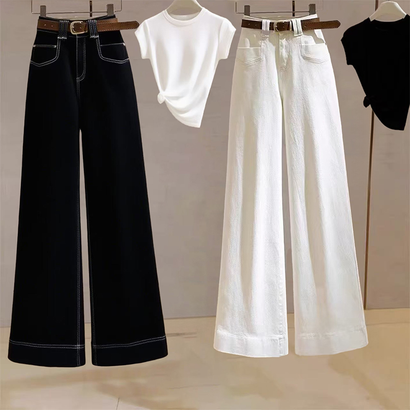 老钱风韩版时尚阔腿裤牛仔裤直筒百搭秋季高腰显瘦休闲