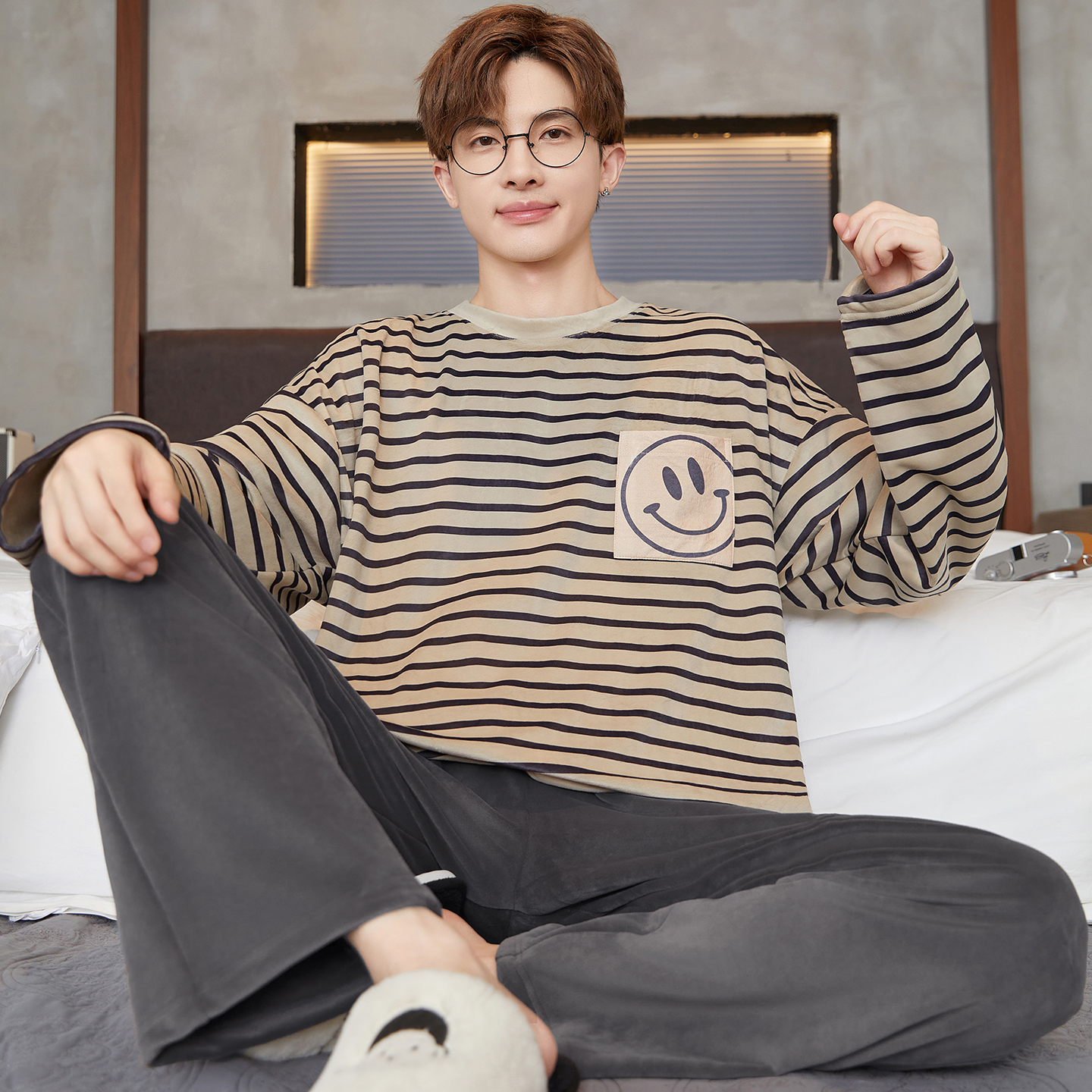 海岛绒睡衣男士秋冬季珊瑚绒青少年加大码冬款加绒男款家居服套装