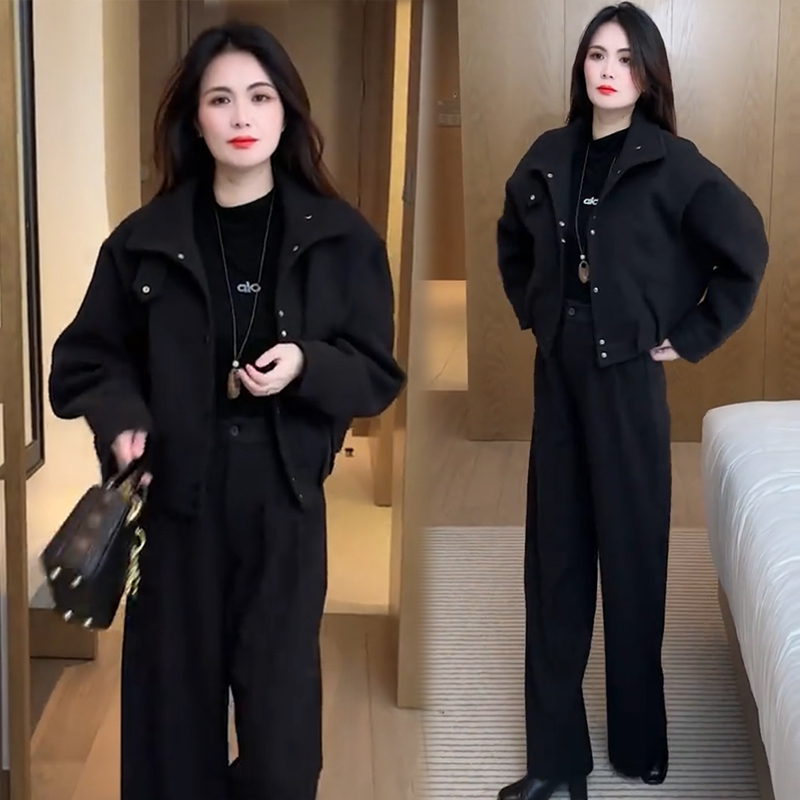 时尚加厚套装女2025冬季新款气质宽松显瘦夹棉外套阔腿裤两件套潮
