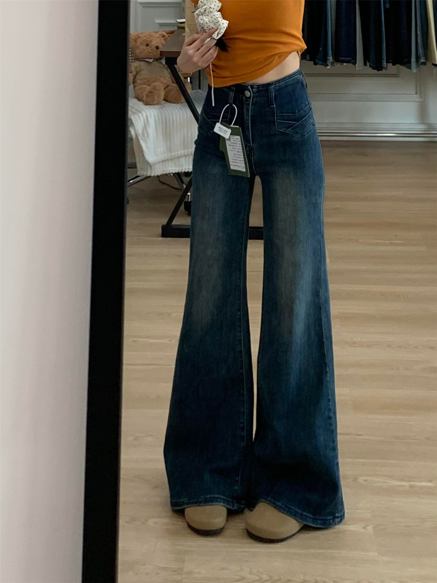 150小个子美式复古高腰微喇叭牛仔裤女新款不贴腿垂感阔腿长裤子