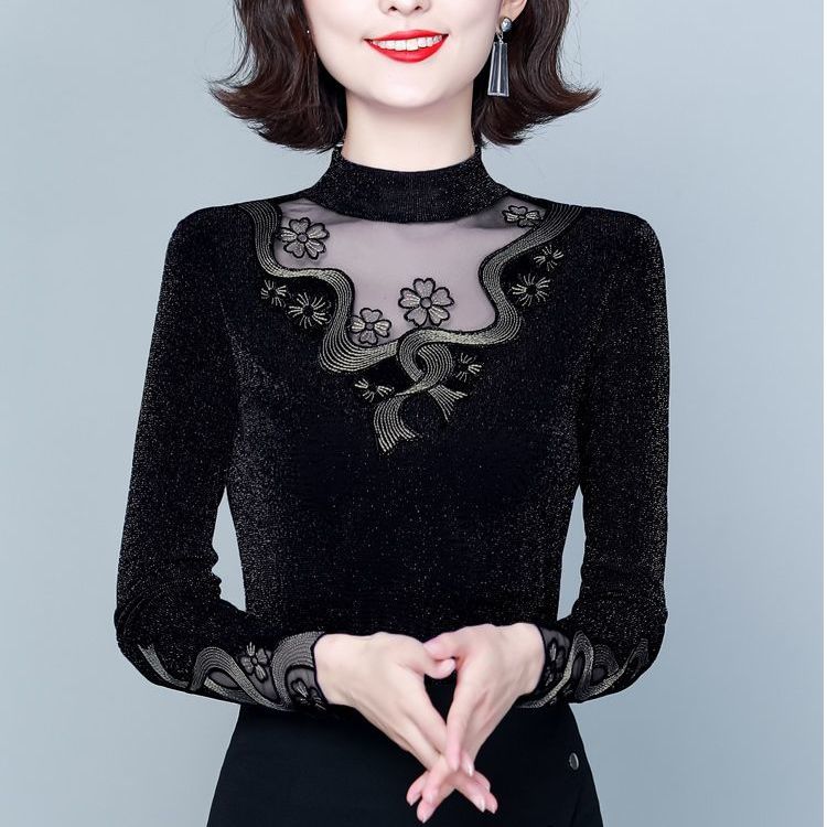 女士打底衫春秋新款韩版半高领加绒网纱蕾丝衫亮丝上衣女冬厚保暖