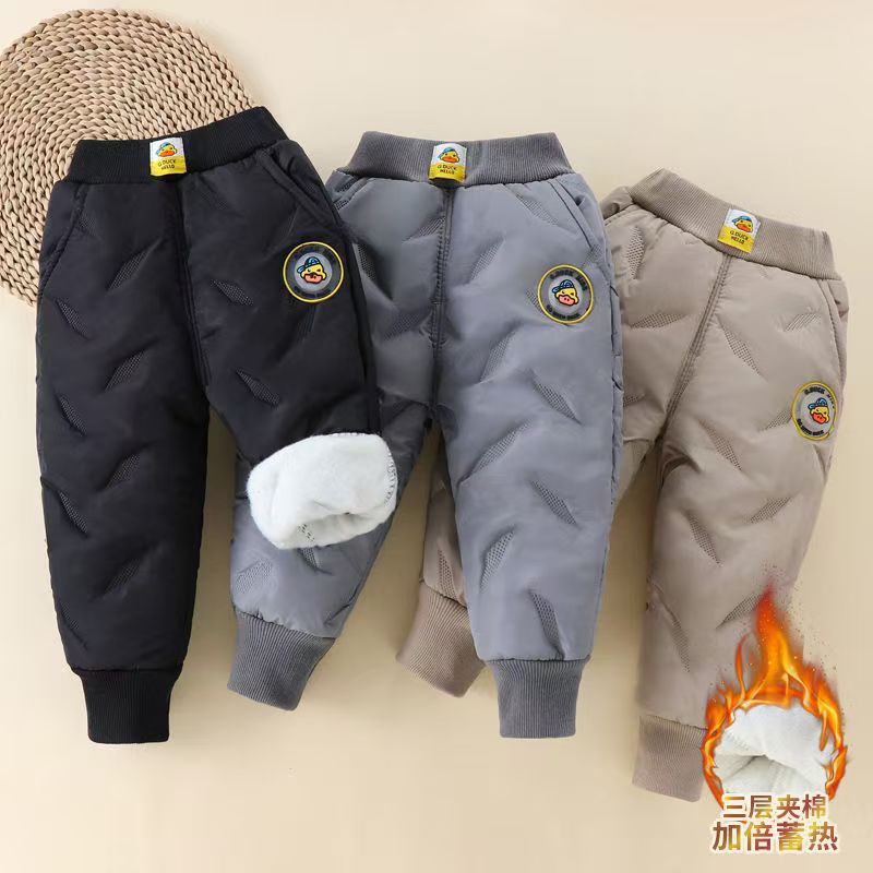 男童小黄鸭裤子三层夹棉冬季儿童防风加厚保暖棉裤小童宝宝冬装