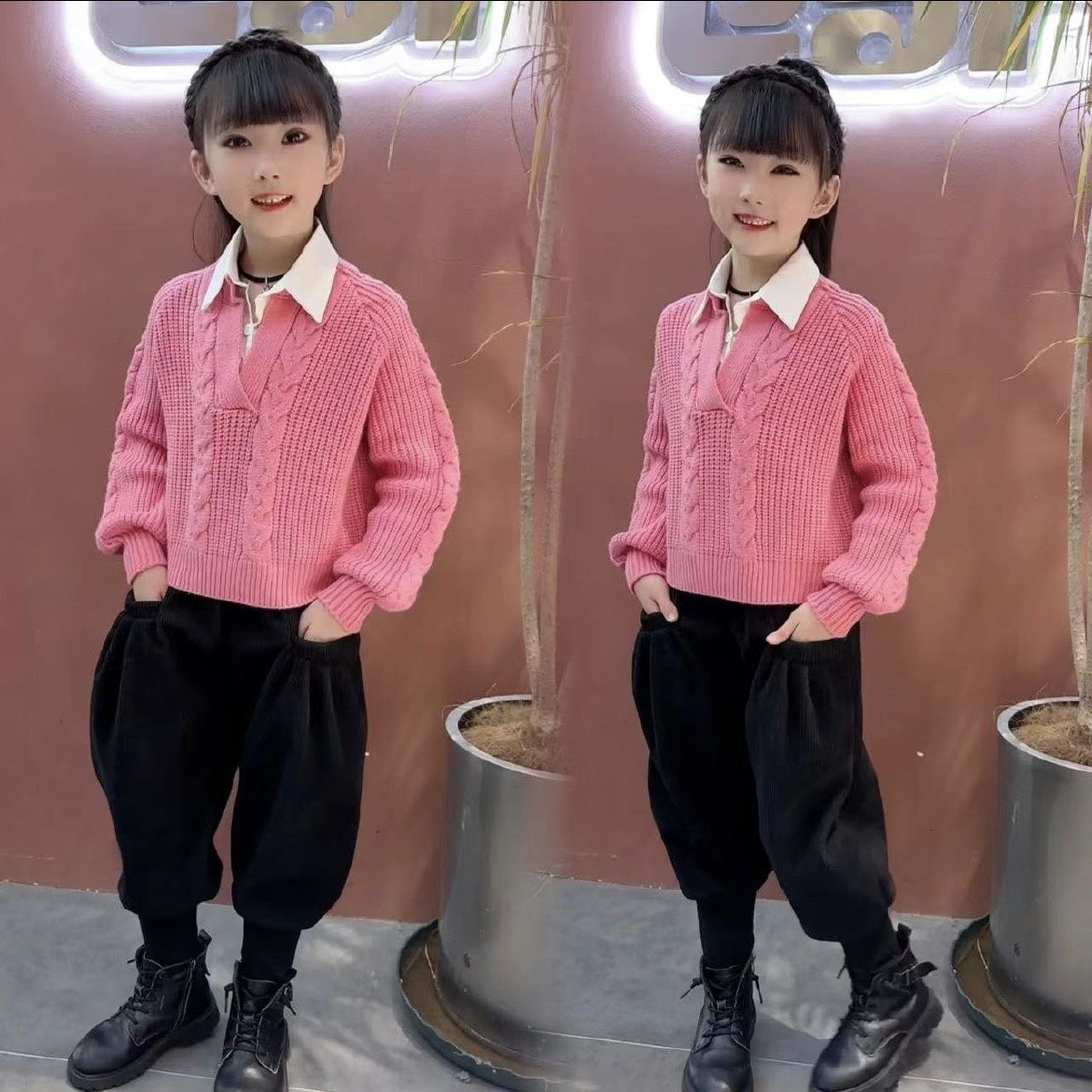 女童秋冬新款套装2025儿童洋气毛衣加绒加厚哈伦裤时髦韩系两件套
