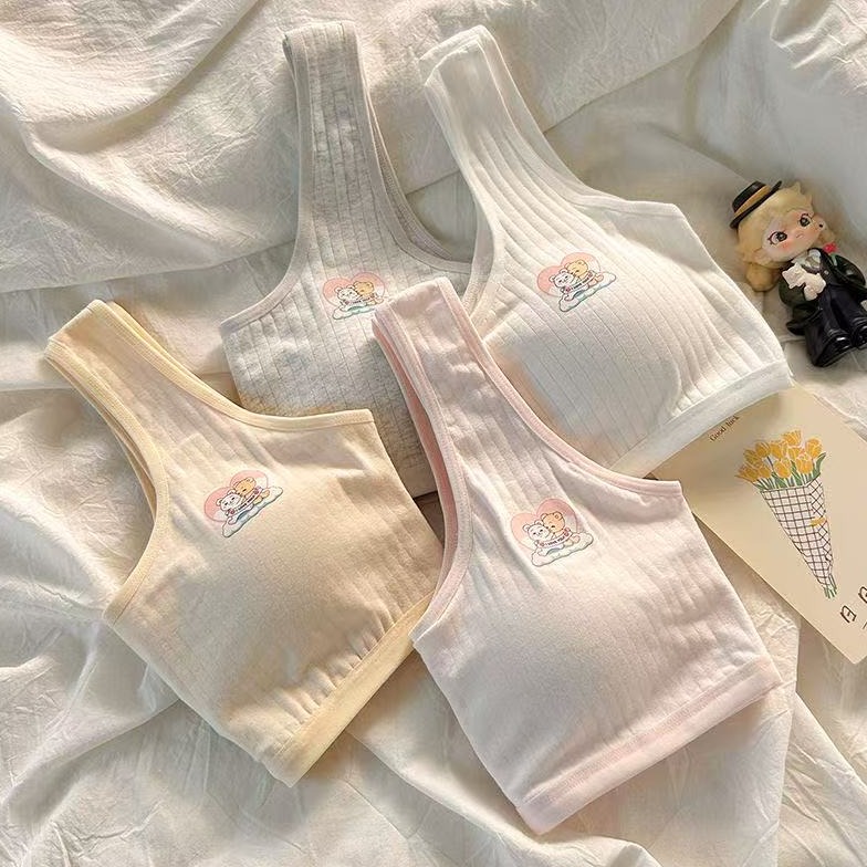纯棉内衣女无钢圈发育期显小胸背心学生抹胸一体式固定杯少女文胸