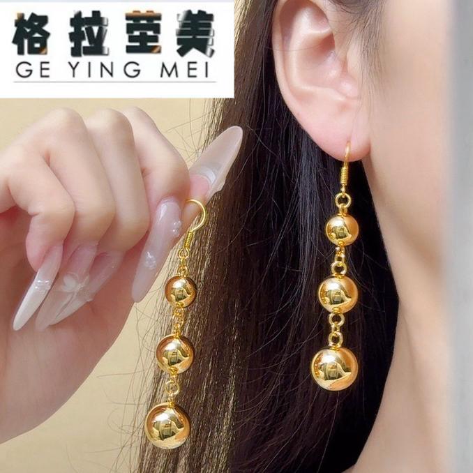 格拉茔美5D硬金无氰999足金亮面有球必应小圆球耳勾耳坠耳饰女款