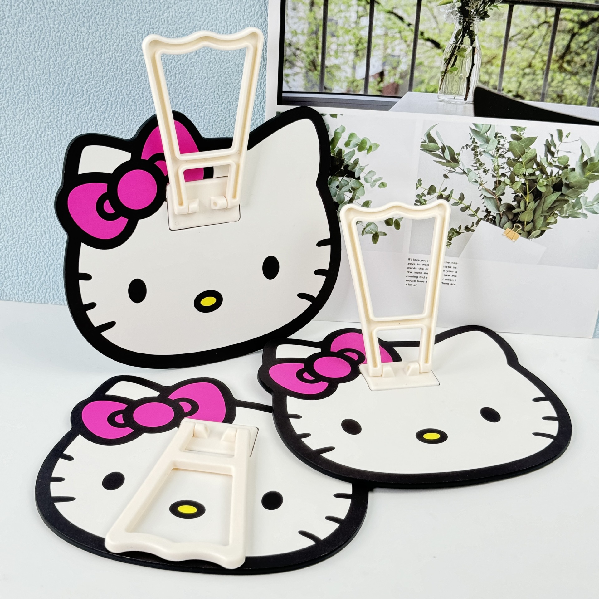 可爱猫咪台镜高颜值带支架桌面便携带补妆镜子蝴蝶结猫咪镜子