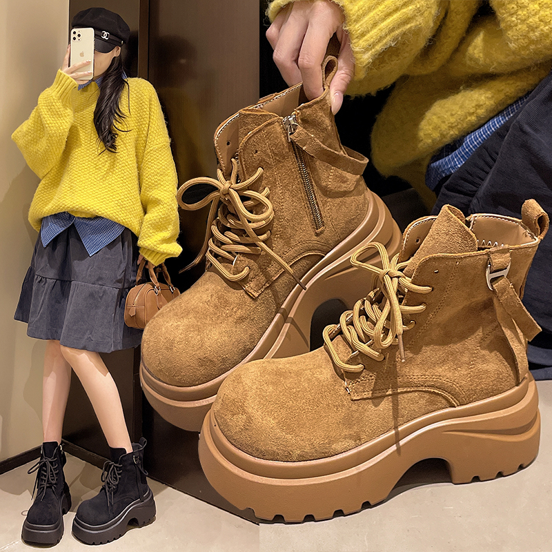 复古厚底增高马丁靴女2025秋季新款时尚美拉德显瘦短靴系带大黄靴