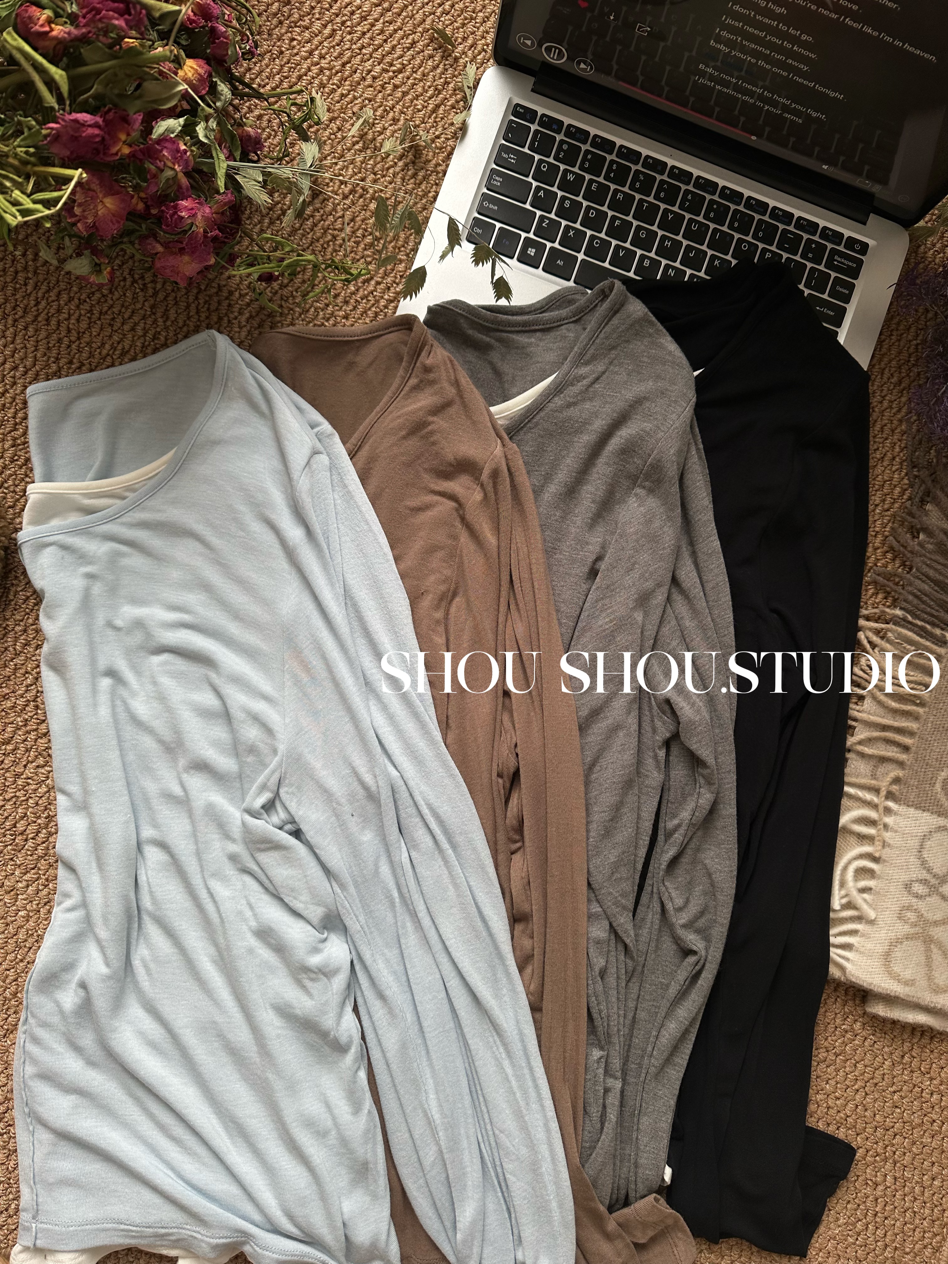 【瘦瘦】大码圆领羊毛假两件百搭显瘦宽松舒适打底上衣S02074