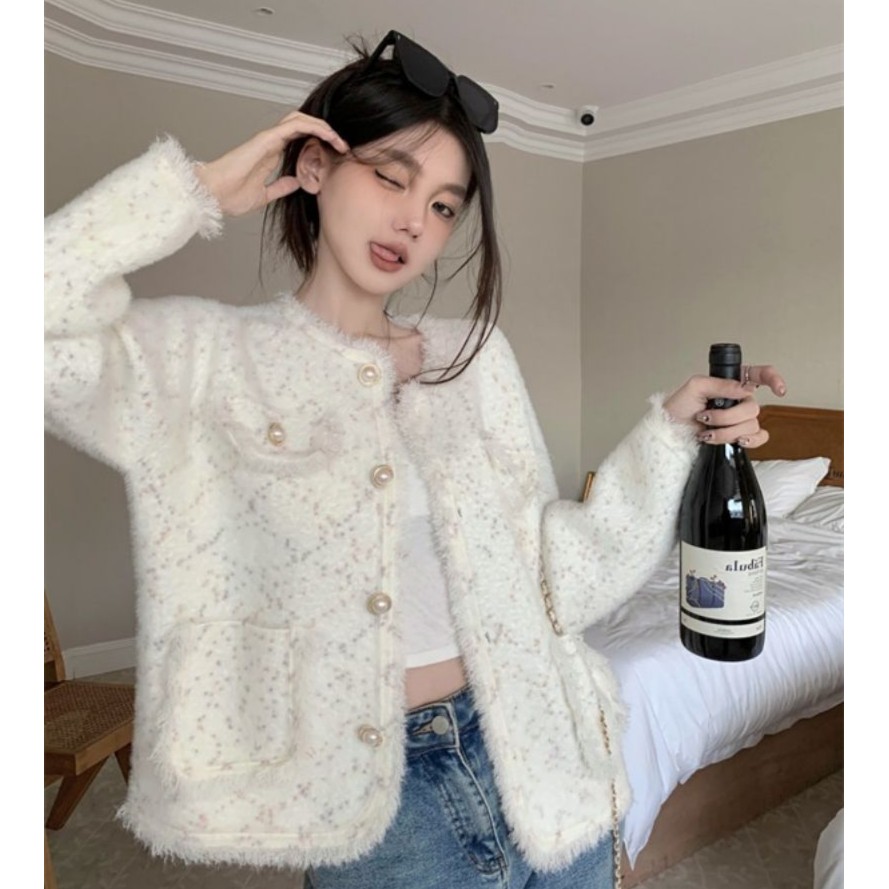 2164小香风时尚百搭双面绒外套韩版宽松外套开衫毛衣气质