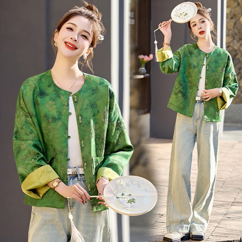 新中式国风提花双面穿外套女2025春秋新款高级感复古气质短款上衣