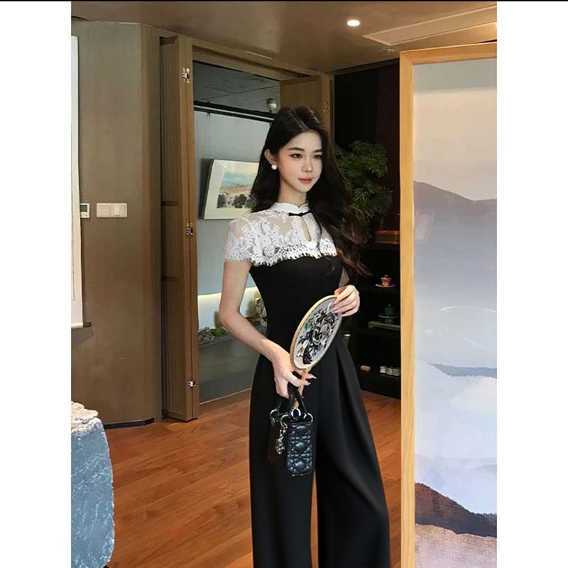 时尚高级感蕾丝拼接连体裤女夏季新款新中式气质名媛连体衣D3291