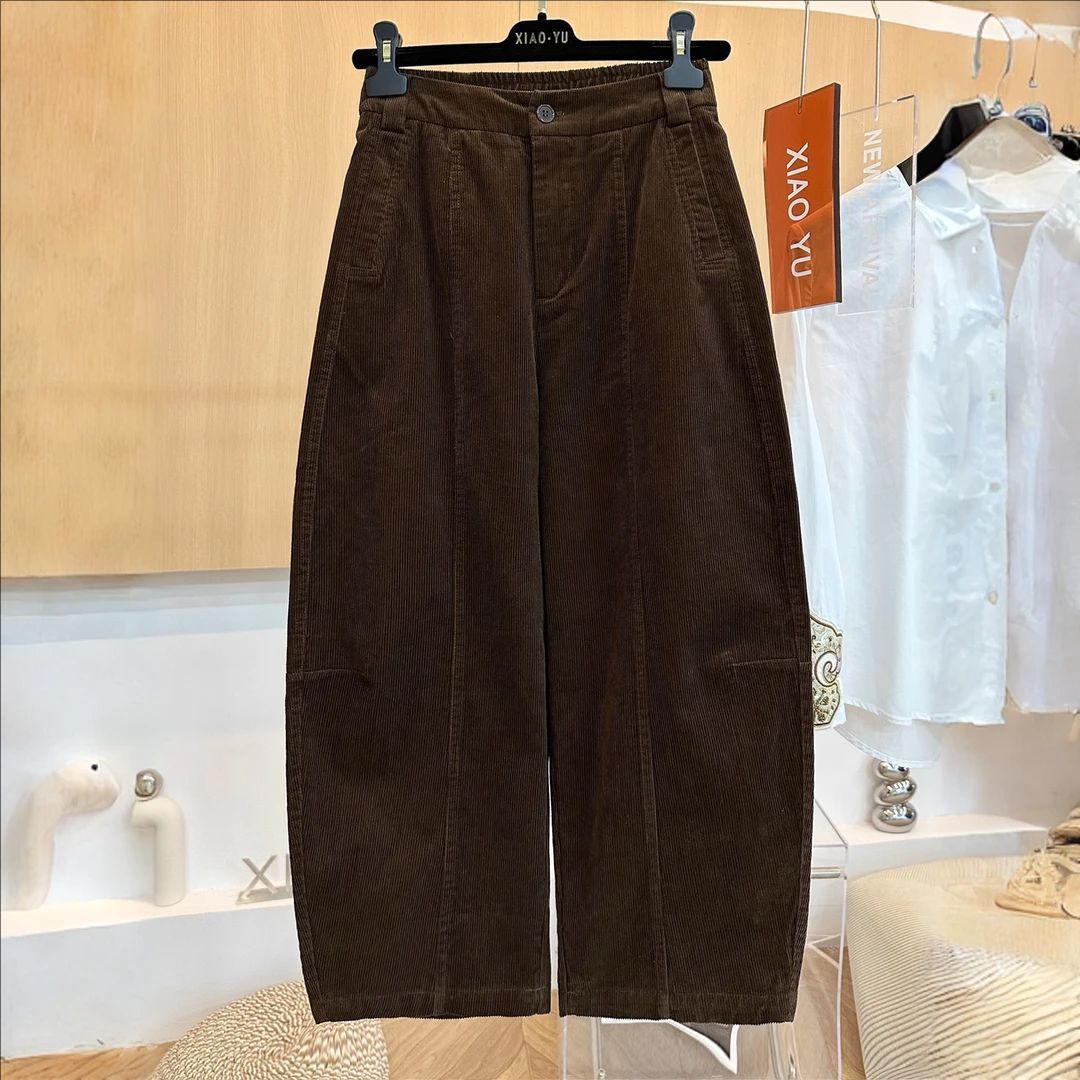 高端欧货秋冬新款复古时尚百搭松紧高腰显瘦灯芯绒直筒裤女弯刀裤