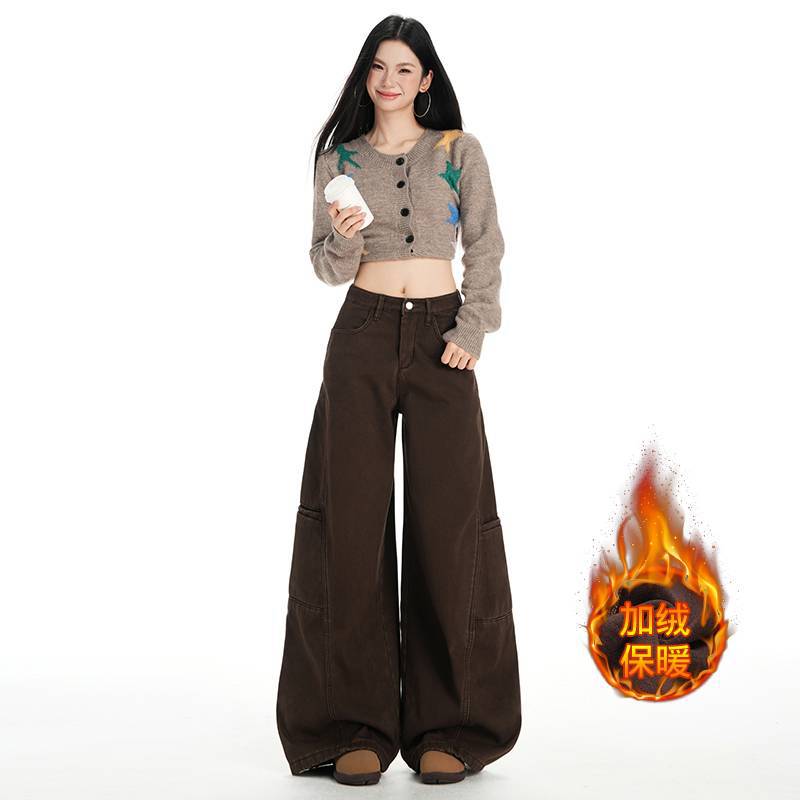 年秋冬加绒新美式辣妹工装阔腿高腰显瘦牛仔女裤休闲百搭