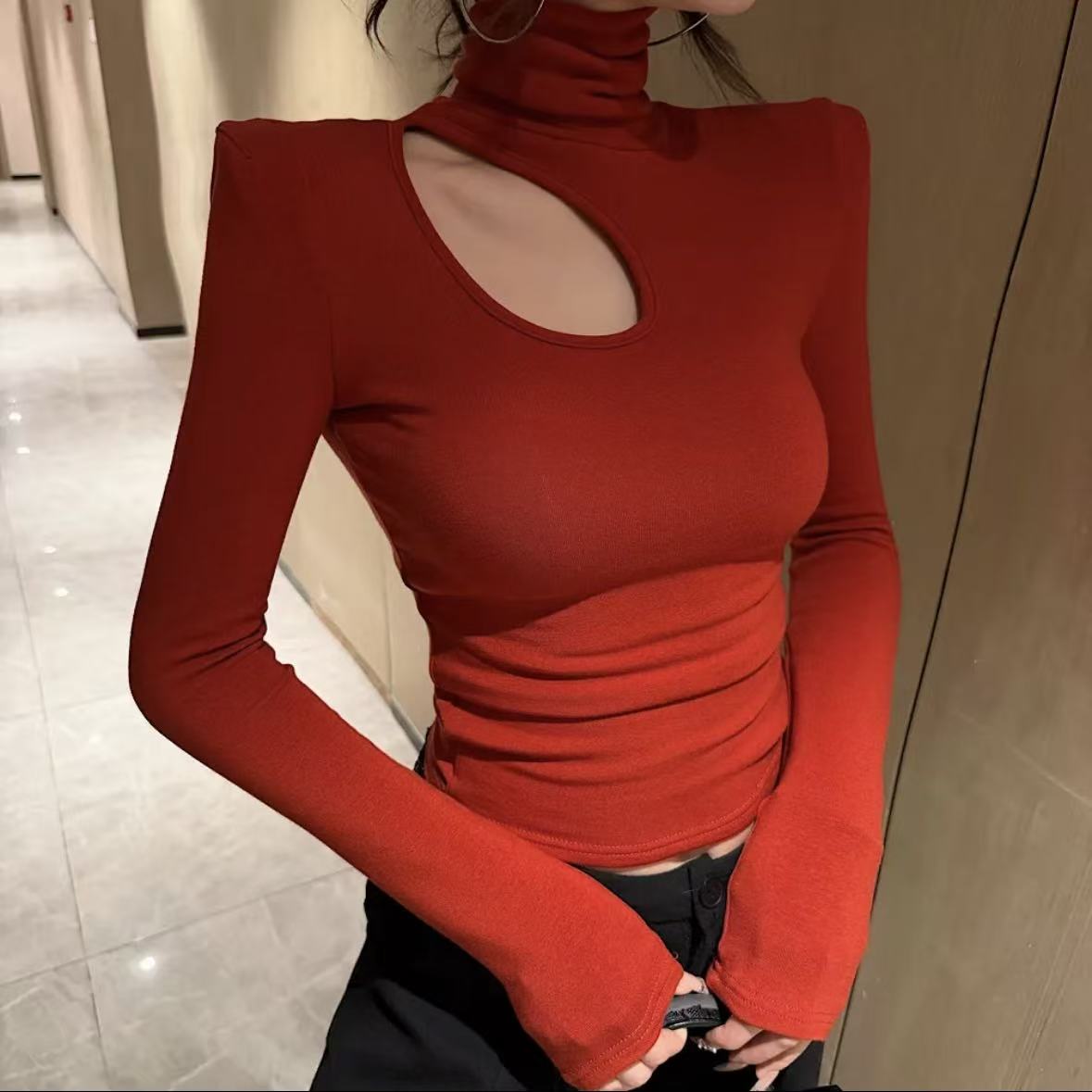 2025秋冬新款时尚设计感百搭高领显瘦性感镂空加绒打底内搭女长袖