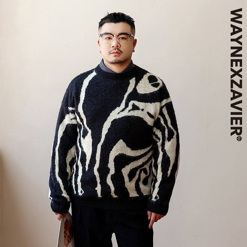 韦恩泽维尔加肥加大宽松大码冬男圆领芝麻底休闲撞色提花毛衣9261