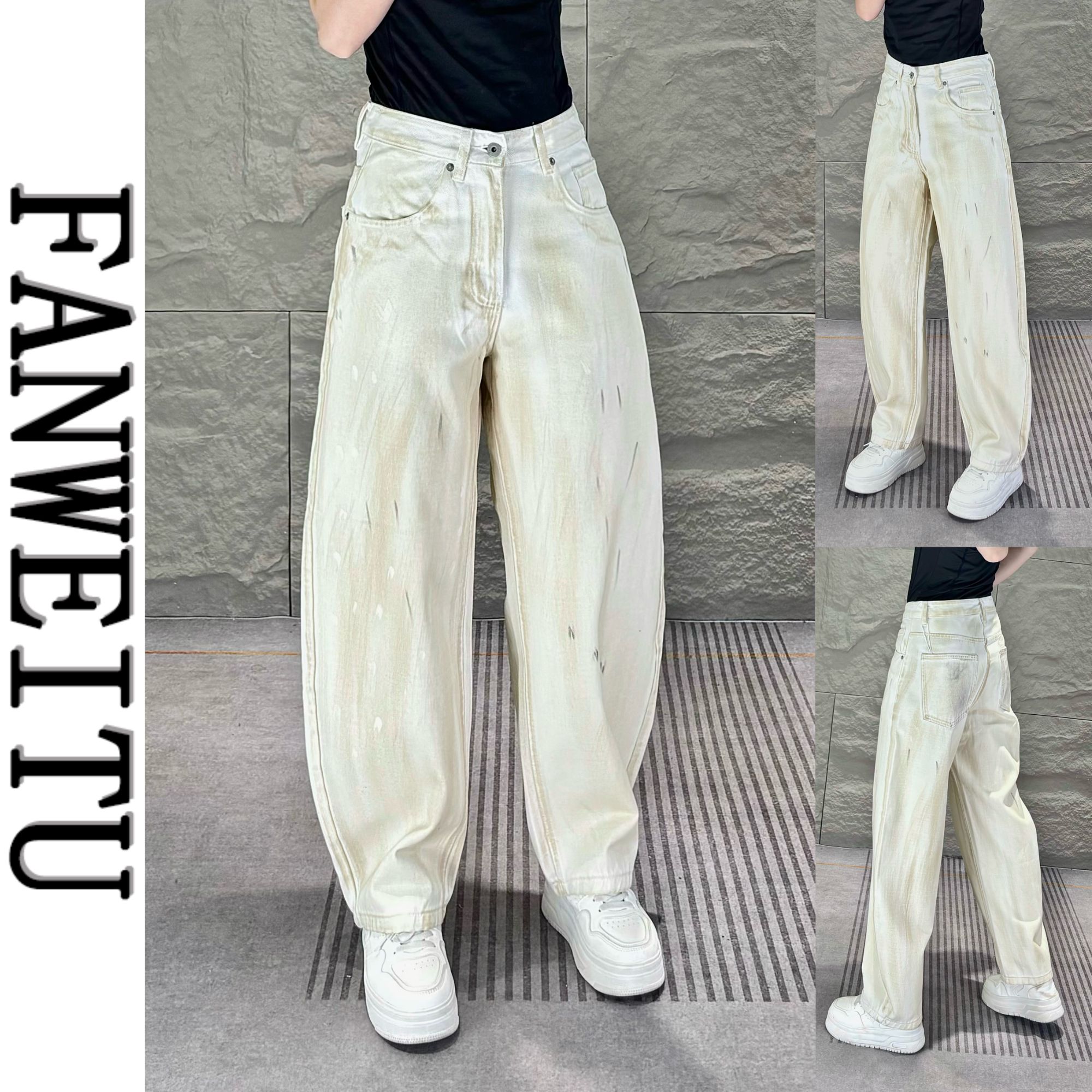 K11秋季新款男士定制美式做旧米白宽松牛仔裤痞帅弯刀裤TB3683