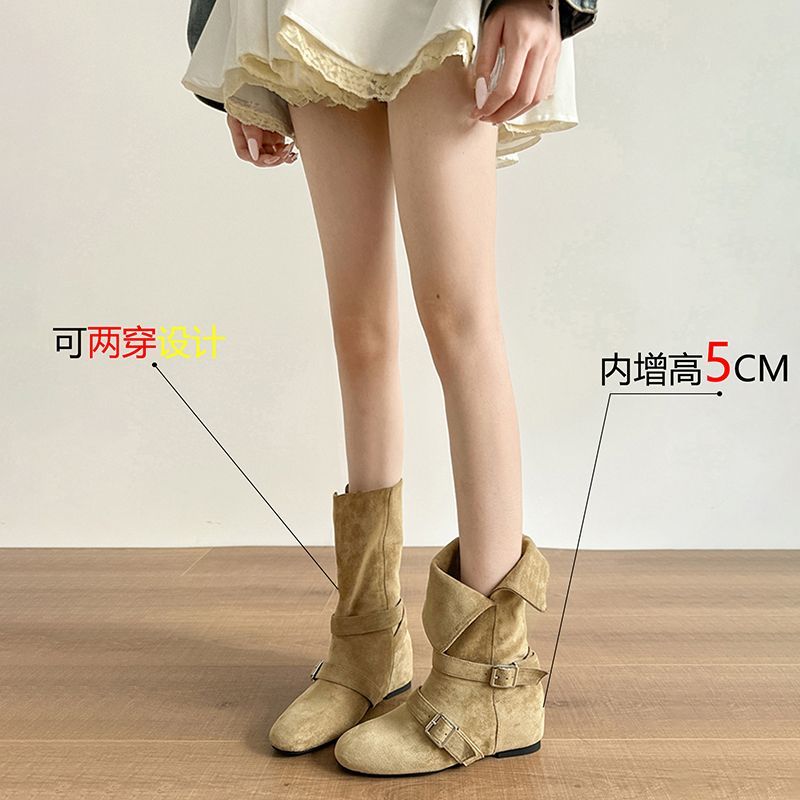 软皮内增高马丁靴女2025秋冬新款小个子复古两穿西部牛仔堆堆短靴