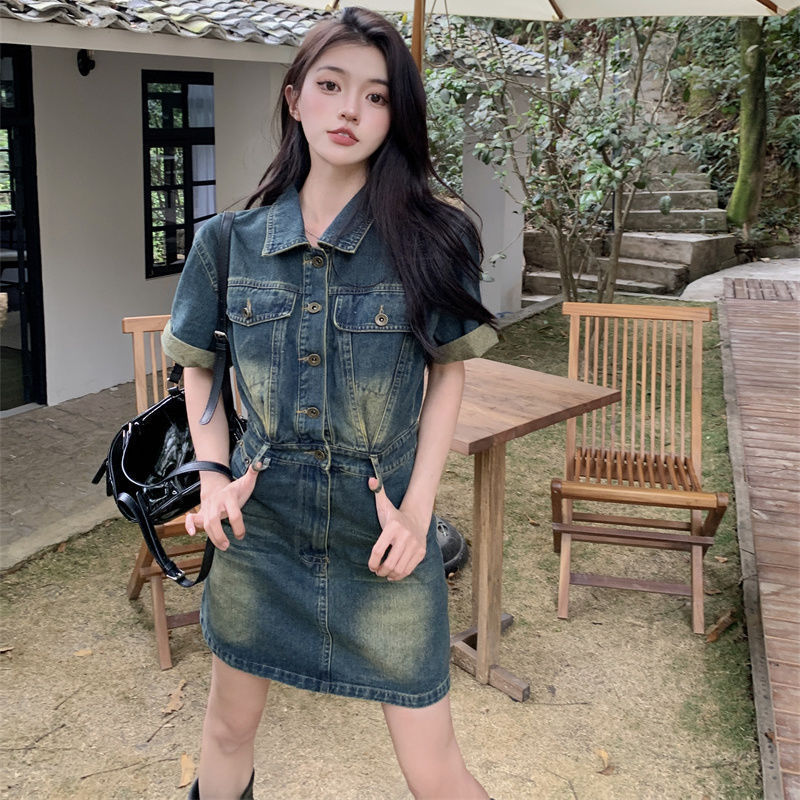 【运补 6-8米】港风复古牛仔连衣裙夏收腰显瘦短裙小个子法式洋气