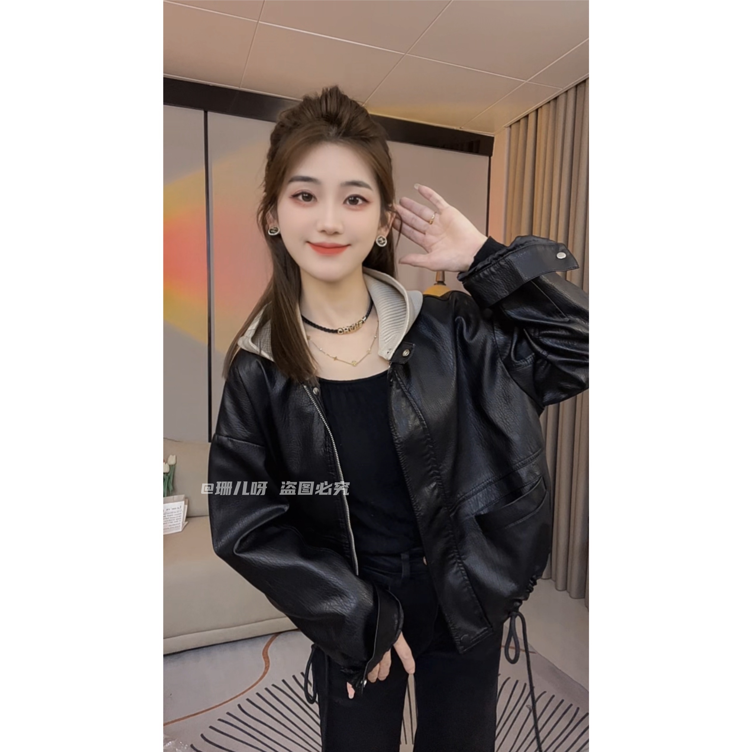 针织连帽pu皮衣外套女春秋2025新款小个子学院风爆款流行减龄洋气