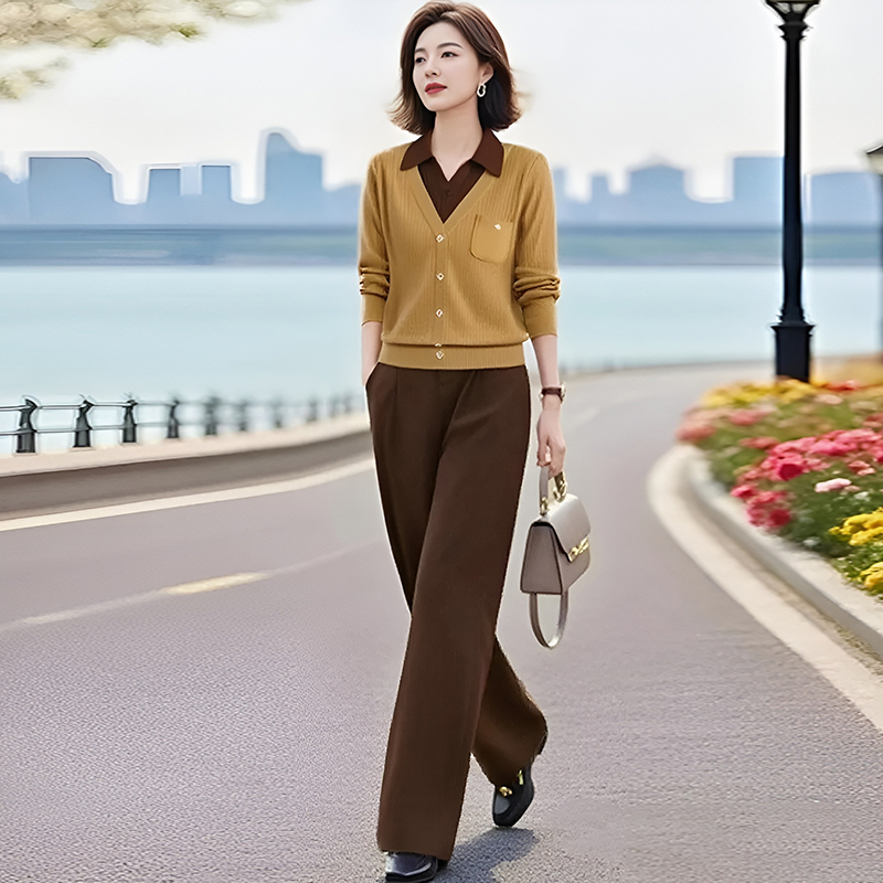 高级感假两件撞色拼接针织上衣女2025春秋新款松紧腰直筒裤两件套